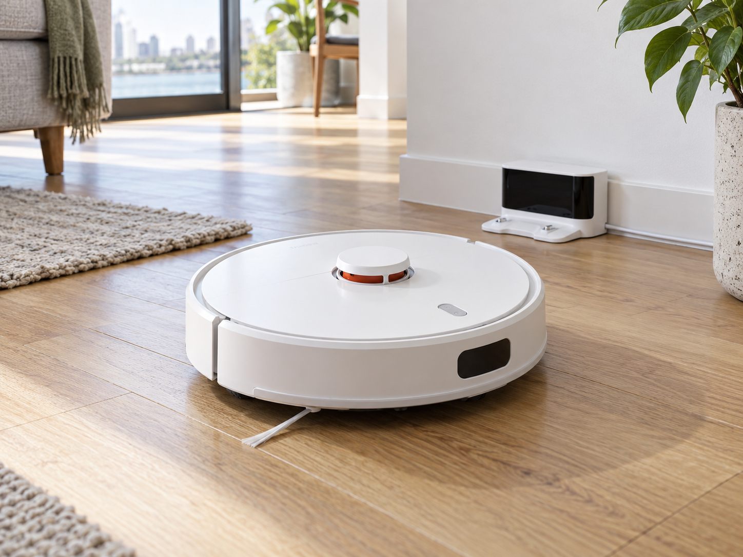 Illustrative white round LiDAR robot vacuum with a small charging base